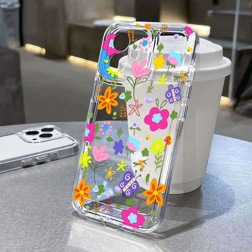 Clear Shockproof Bumper Case - Renkli Çiçek Desenli Şeffaf Telefon Kılıfı