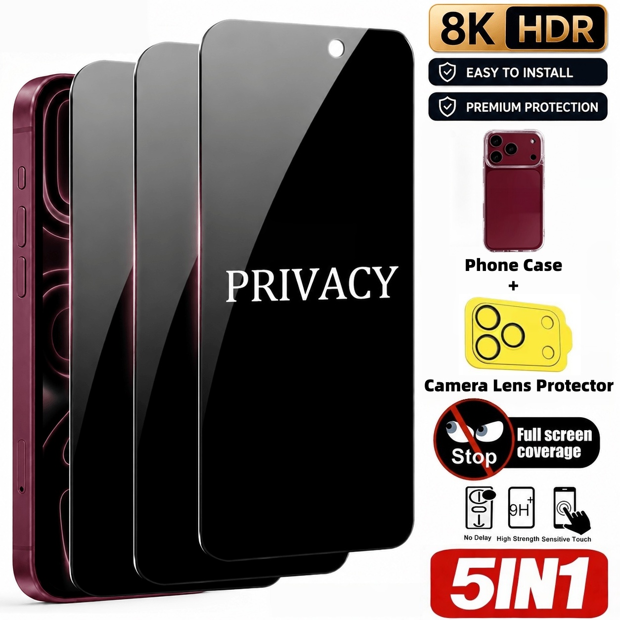 Anti Spy Privacy Glass Case - [5 Parça Set] 3 Adet Gizlilik