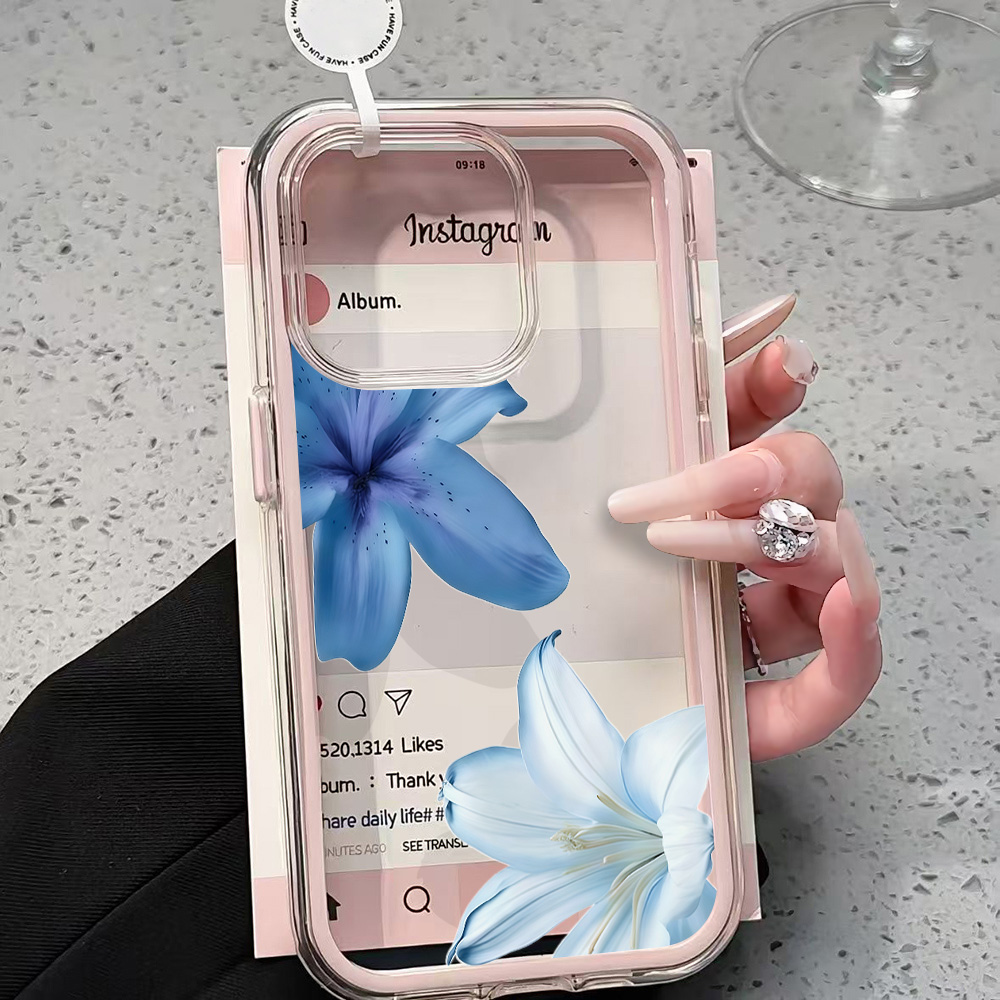 Clear Shockproof Bumper Case - Mavi Zambak Çiçekli Şeffaf Telefon Kılıfı