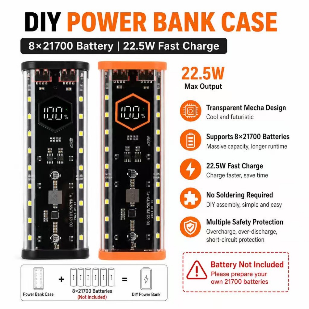 Power Banks - 8*21700 Pil Kutusu 22.5W Hızlı Şarj