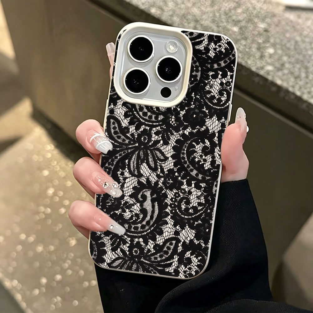 Vintage Floral Pattern Soft Case - Siyah Vintage Çiçek Desenli Lychee Desenli