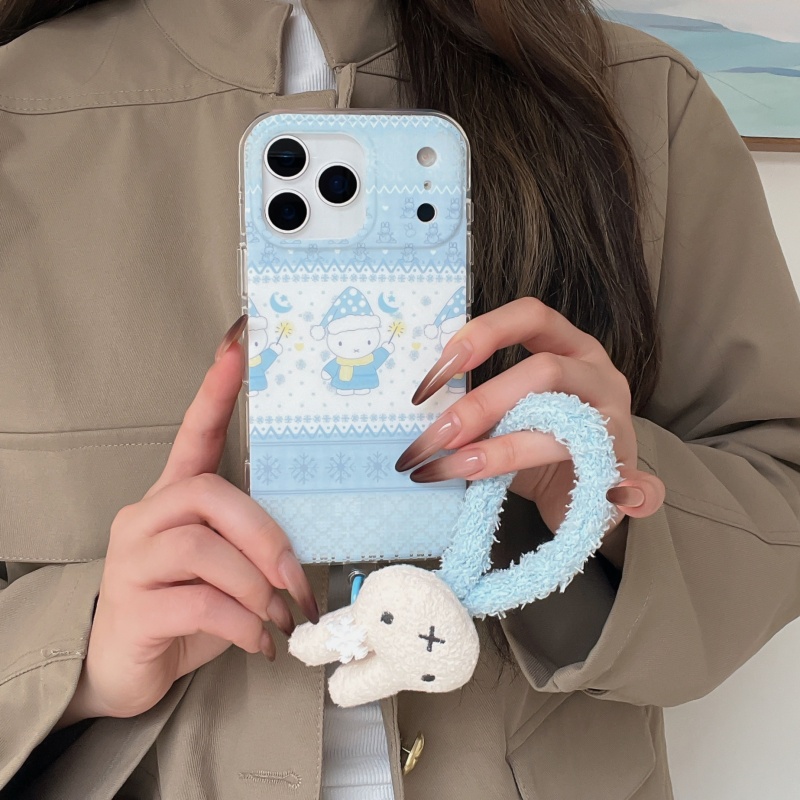 Cute Cartoon Wrist Strap Silicone Case - Sevimli kışlık puantiyeli şapkalı Miffy telefon